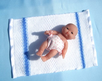 Small Doll Blanket Handwoven in White and Blue, Dollhouse Blanket, Tiny Doll Blanket, White Doll Blanket with Decorative Borders