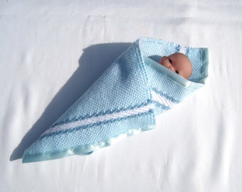 Small Doll Blanket in Aqua Blue, Handwoven Doll Blanket, Tiny Doll Blanket, Aqua Doll Blanket with Decorative Borders