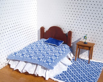 12th scale Dollhouse Bedding. Dollhouse Handwoven Coverlet, Miniature Royal Blue Whig Rose Blanket, Dollhouse Bedspread