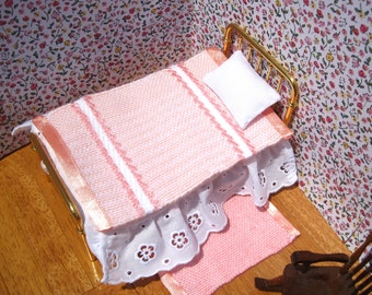 Small Doll Blanket Handwoven in Peachy Pink, Dollhouse Blanket, Tiny Doll Blanket, Pink Doll Blanket, Dollhouse Bedding, Mini Bed Cover