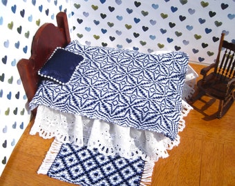 Dollhouse Navy Blue Coverlet Handwoven, Star of Bethlehem Miniature Blanket, Small Doll Bedding, Handwoven Navy Blue Mini Bedspread