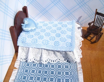 Handwoven Sky Blue Dollhouse Bedding, Snowball Allover Coverlet, Dollhouse Blanket, Miniature Sky Blue Coverlet, 12th Scale Bedspread