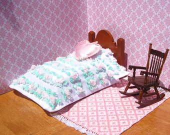 Dollhouse Chenille Twin Bedspread, Hand Tufted Miniature Pink Rosebud Bedspread, Mid Century Dollhouse Bedding