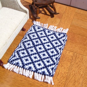 Small Dollhouse Rug in a Diamond Pattern, Navy Blue Miniature Rug