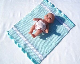 Small Doll Blanket Handwoven in Mint Green, Dollhouse Blanket, Tiny Doll Blanket, Mint Green Doll Blanket with Decorative Borders