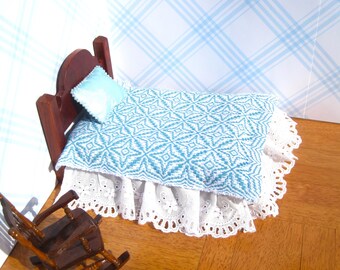 Dollhouse Aqua Coverlet Handwoven, Star of Bethlehem Miniature Blanket, Small Doll Bedding, Handwoven Country Turquoise Mini Bedspread