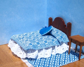 12th Scale Dollhouse Coverlet, Miniature Blanket, Bright Blue Dollhouse Bedding, 12th Scale Dollhouse Bedspread, Overshot Weaving