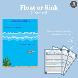 May include: Educational material titled "Float or Sink," a 5-lesson unit. The image features a blue poster with text about buoyancy, illustrations of water, and fish. Several lesson plan pages are also visible.