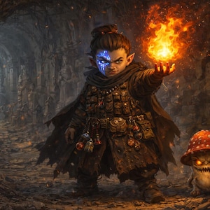 Könnte beinhalten: Eine Fantasy-Illustration eines jungen Zauberers, der einen Feuerball in der Hand hält, in einem dunklen Steintunnel. Der Zauberer trägt einen dunklen Umhang und Rüstung, mit einer blauen Gesichtsmarkierung. Eine Pilz-Kreatur mit leuchtenden Augen steht daneben.