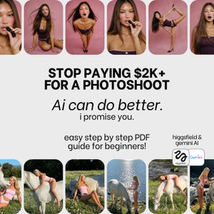 May include: Promotional image with a light pink background. The text reads: "STOP PAYING $2K+ FOR A PHOTOSHOOT. Ai can do better. i promise you. easy step by step PDF guide for beginners!" Several images of a person are shown.