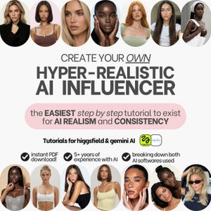 May include: Promotional image with the text "CREATE YOUR OWN HYPER-REALISTIC AI INFLUENCER". The image features a variety of diverse women's faces and highlights the ease of creating AI realism and consistency.