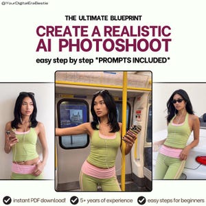 Peut inclure: Un guide numérique intitulé THE ULTIMATE BLUEPRINT CREATE A REALISTIC AI PHOTOSHOOT easy step by step *PROMPTS INCLUDED* présentant trois images d'une personne en tenue vert citron et rose avec des lunettes de soleil et des écouteurs filaires.