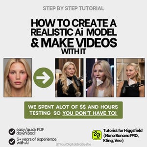 May include: A step-by-step tutorial graphic titled HOW TO CREATE A REALISTIC AI MODEL & MAKE VIDEOS WITH IT. It shows a blonde person's portrait transforming into three video frames. Includes text: WE SPENT ALOT OF $$ AND HOURS TESTING SO YOU DON'T HAVE TO!