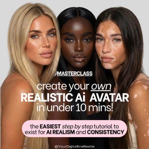 May include: Image promoting an AI masterclass. Three diverse women are featured, with text overlay reading "create your own REALISTIC AI AVATAR in under 10 mins!" and "the EASIEST step by step tutorial to exist for AI REALISM and CONSISTENCY."