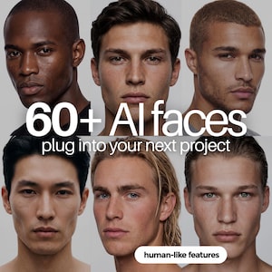 Pode incluir: Uma coleção digital de mais de 60 rostos de IA com diversos tons de pele e características, apresentados em uma grade. O texto diz 60+ AI faces, plug into your next project e human-like features. Estes retratos mostram estruturas faciais.