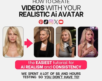 May include: A promotional graphic with the text "HOW TO CREATE VIDEOS WITH YOUR REALISTIC AI AVATAR." It features a blonde woman in four different video frames, with the text "the EASIEST tutorial for AI REALISM and CONSISTENCY."