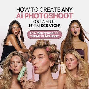 Può includere: Una guida digitale intitolata HOW TO CREATE ANY Ai PHOTOSHOOT YOU WANT... FROM SCRATCH! con un PDF passo dopo passo e prompt inclusi. L'immagine mostra cinque persone con vari prodotti di bellezza e bigodini per capelli.