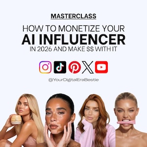 Puede incluir: Imagen con texto: "MASTERCLASS HOW TO MONETIZE YOUR AI INFLUENCER IN 2026 AND MAKE $$ WITH IT." Iconos de redes sociales de Instagram, TikTok, Pinterest, X y YouTube. La imagen también incluye a cuatro mujeres.