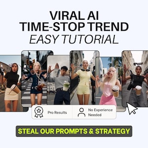 Może przedstawiać: Cyfrowa grafika z tytułem VIRAL AI TIME-STOP TREND EASY TUTORIAL przedstawiająca sześć pionowych klatek wideo z ludźmi i unoszącymi się obiektami. Poniżej znajdują się ikony Pro Results i No Experience Needed oraz przycisk z napisem STEAL OUR PROMPTS & STRATEGY.