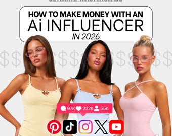 May include: Three individuals wearing pastel-colored camisole tops in yellow, light blue, and pink. The text reads ULTIMATE MASTERCLASS HOW TO MAKE MONEY WITH AN Ai INFLUENCER IN 2026. Social media icons and engagement metrics are displayed below.