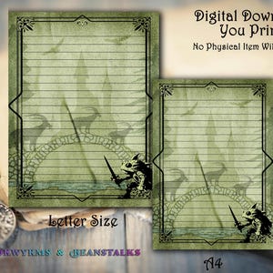 May include: Two lined stationery sheets with a fantasy theme. The sheets are green with a decorative border and a bridge design. One sheet is labeled "Letter Size" and the other "A4". The text "Digital Download You Print" is also visible.