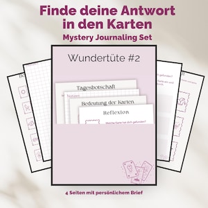 Könnte beinhalten: Ein Journaling-Set mit dem Text "Finde deine Antwort in den Karten" und "Mystery Journaling Set". Das Set enthält einen rosa Ordner mit der Aufschrift "Wundertüte #2" mit Karten im Inneren. Zusätzliche Seiten sind sichtbar, mit Text und Illustrationen.