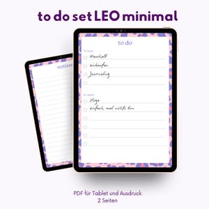 Könnte beinhalten: Zwei digitale Tablets mit einem rosa, blauen und lila Leopardenmuster-Rand. Ein Tablet zeigt eine handschriftliche To-Do-Liste, das andere liniertes Papier. Der Text "to do set LEO minimal" steht oben.