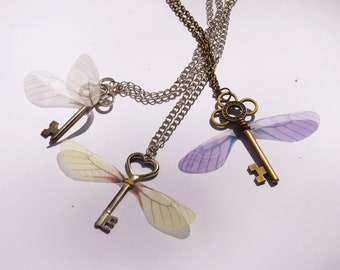 Magical Skeleton Key Fairy Necklace, Adorable Key With Fairy Wings, Wizard