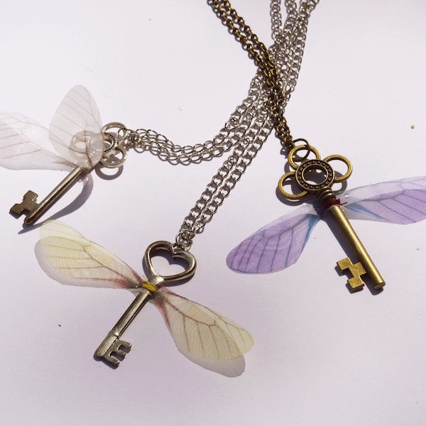 Magical Skeleton Key Fairy Necklace, Adorable Key With Fairy Wings, Wizard