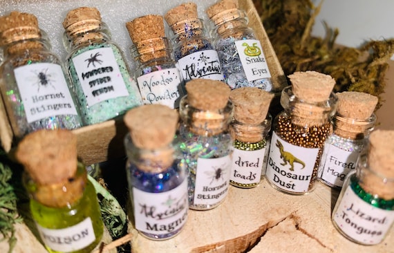 8 Mini Glitter Glass Bottles, Small Fairy Dust Jars, Resin Craft