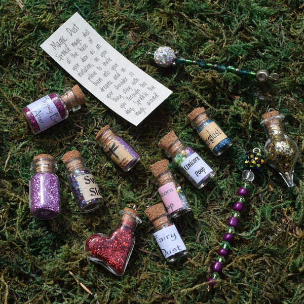 Five Fairy Dust Bottles with a Wand, Fairy Core, Cosplay, Fairy Door Magic, Magic Dust, Cottage Core, Miniature Bottles