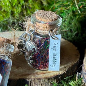 May include: A small glass jar with a cork stopper, filled with colorful strands. A silver dragon charm hangs from the jar. The label reads "Dragon Heartstrings". The jar is sitting on a wooden slice.
