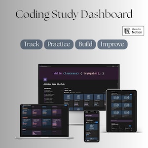 Puede incluir: Un panel de estudio de codificación digital que se muestra en una computadora portátil, una tableta, un teléfono inteligente y un monitor. Las pantallas muestran código y una interfaz de panel. El texto incluye "Coding Study Dashboard".