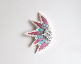 Hand embroidered brooch abstract starburst design with rose pink, mint green and gray colors with white howlite gem beads Fall fashion