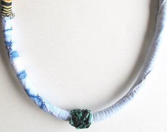 Shibori fabric necklace with malachite gemstone beads and African wax print, hand sewn textile jewelry hypo-allergenic AnAstridEndeavor