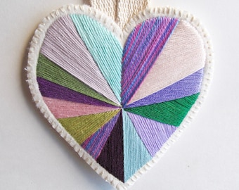 Embroidered heart ornament for Valentines day with lavender, purple, pinks and green colors home decor wall hanging wedding anniversary gift