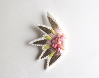 Hand embroidered brooch abstract starburst design with bright pink, pale yellow and sand colors with pink dyed shell beads Fall fashion