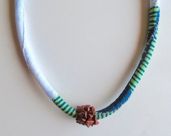 Shibori fabric necklace with jasper gemstone beads and African wax print, hand sewn textile jewelry, hypo-allergenic An Astrid Endeavor