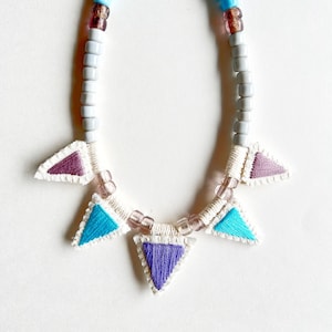Hand Embroidered Triangle Pendant Necklace: Silver Leather Cord & Glass Beads
