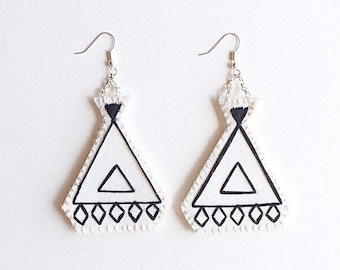 Hand embroidered earrings geometric black and white fiber jewelry An Astrid Endeavor Summer trends