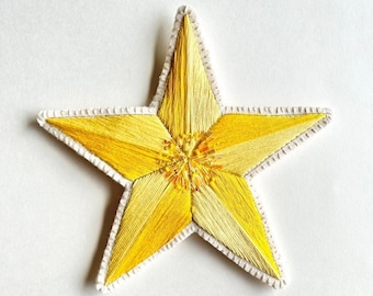 Christmas tree star topper hand embroidered in yellow threads with gold and yellow shimmery beads on cream muslin heirloom holiday ornament