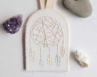 Modern dreamcatcher wall hanging or ornament hand embroidered geometric design with creams and whites on organic muslin MADE TO ORDER