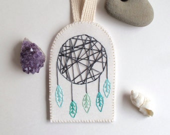 Modern dreamcatcher wall hanging or ornament hand embroidered geometric design with mint greens on organic muslin MADE TO ORDER