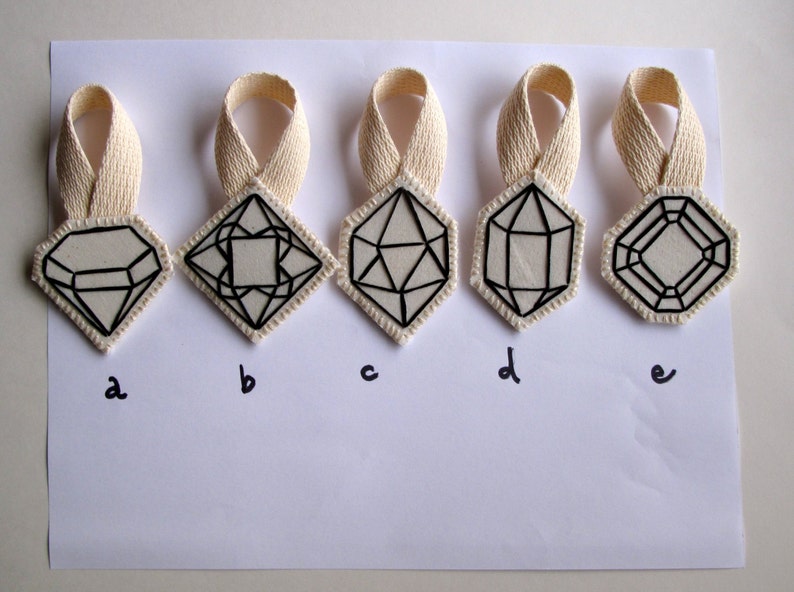May include: Five geometric pendant designs with black outlines on a white background. Each pendant has a different internal design, with a cream-colored ribbon at the top. The pendants are labeled a, b, c, d, and e.