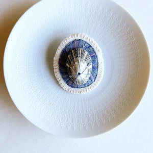 Hand embroidered brooch abstract design using dark lavender variegated threads limpet shell An Astrid Endeavor contemporary fiber jewelry image 3