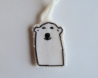 Polar bear ornament hand embroidered on cream muslin with cream felt backing and cream wool loop Christmas decor and tree decoration
