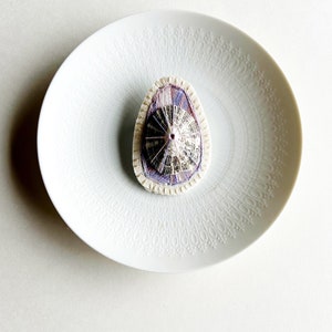 Hand embroidered brooch abstract design using lavender variegated threads and limpet shell An Astrid Endeavor contemporary fiber jewelry image 4