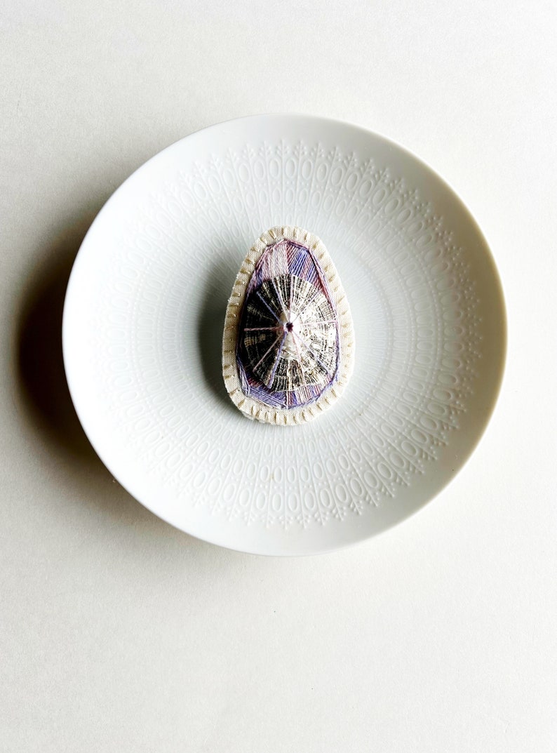 Hand embroidered brooch abstract design using lavender variegated threads and limpet shell An Astrid Endeavor contemporary fiber jewelry image 4