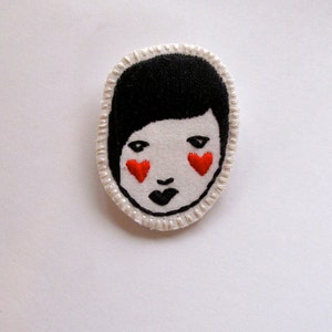 Hand embroidered brooch of lady with red hearts black and white An Astrid Endeavor kawaii cute listing is for ONE brooch image 2