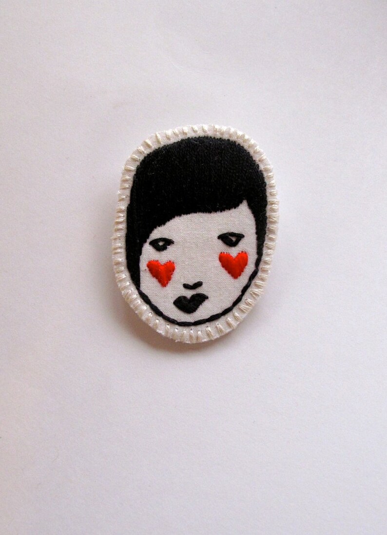 Hand embroidered brooch of lady with red hearts black and white An Astrid Endeavor kawaii cute listing is for ONE brooch image 2